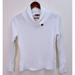 Jeanne Pierre White Knit Cotton Blend Shawl Collar Pullover‎ Sweater M /#9077